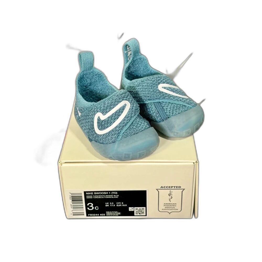 Nike Swoosh 1 TD Infant Flyknit Shoes Denim Turq White Sz 3C FB3244-403